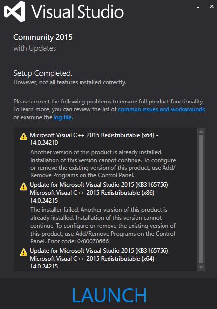 Visual Studio Community 2015 install errors